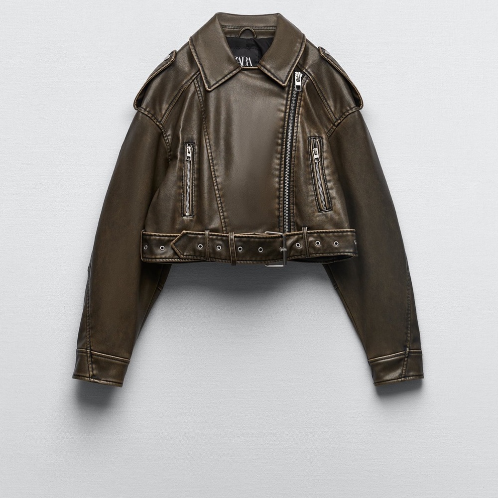 Zara faux leather biker belted jacket green/charcoal